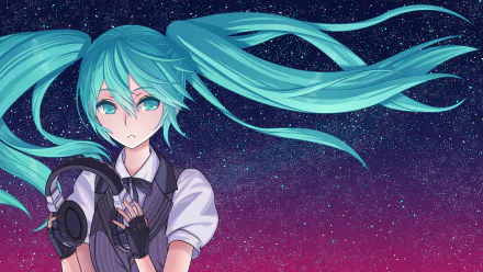 Anime character with blue hair and eyes, twintails, and headphones, set against a starry night sky. Depicts Hatsune Miku from Vocaloid. HD wallpaper for desktops.