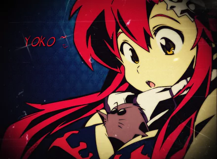 HD PC wallpaper of Yoko Littner (Tengen Toppa Gurren Lagann) — anime close-up: flowing red hair, wide-eyed expression, hand by face on a dark textured background.