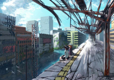 Anime-style HD desktop wallpaper featuring Maribel Hearn and Renko Usami with blonde and brown short hair, sitting on a ruined building overlooking water in a cityscape.