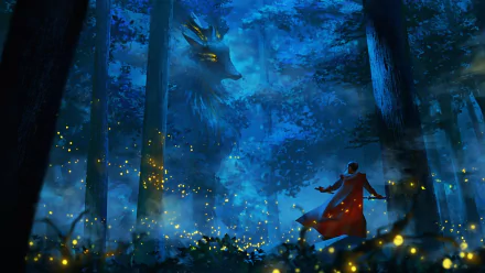 A 4K Ultra HD anime-style forest scene from Pixiv Fantasia T featuring a glowing deer spirit towering over a figure in a red cloak amidst fireflies and tall trees.