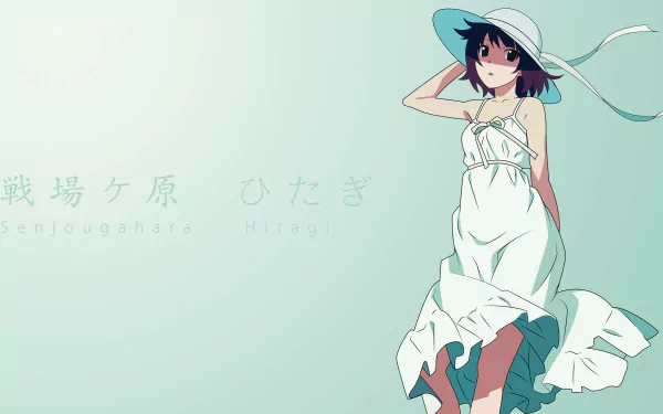 Hitagi Senjōgahara from the Monogatari series stands gracefully in a white dress and hat against a soft pastel background in this 4K Ultra HD anime desktop wallpaper.