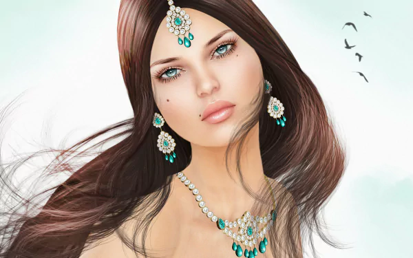 Fantasy portrait of a woman as an HD PC desktop wallpaper, wearing turquoise and diamond earrings, necklace and bindi, with long flowing hair.