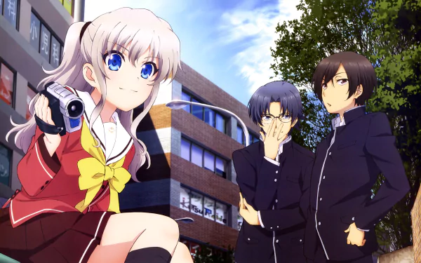 HD desktop wallpaper of anime characters Joujirou Takajou, Yū Otosaka, and Nao Tomori from Charlotte standing outdoors near a building, with Nao holding a video camera and a clear blue sky above.