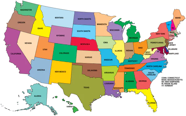 Colorful HD desktop wallpaper featuring a map of the USA with states clearly labeled.