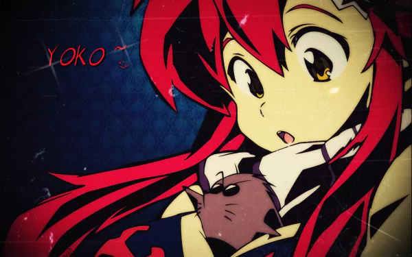 HD PC wallpaper of Yoko Littner (Tengen Toppa Gurren Lagann) — anime close-up: flowing red hair, wide-eyed expression, hand by face on a dark textured background.