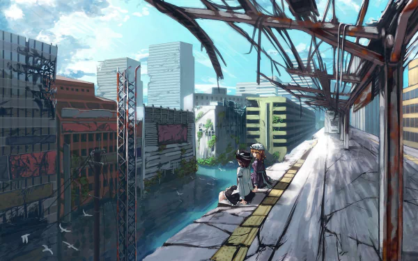 Anime-style HD desktop wallpaper featuring Maribel Hearn and Renko Usami with blonde and brown short hair, sitting on a ruined building overlooking water in a cityscape.
