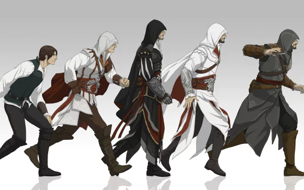 HD desktop wallpaper featuring characters from Assassin's Creed in a lineup pose on a gradient background.