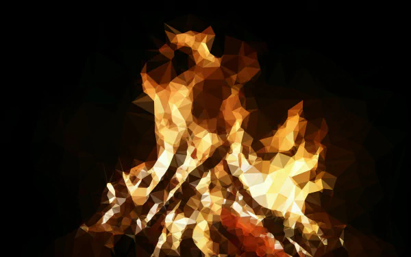 HD PC desktop wallpaper featuring an artistic low poly polygon design of vibrant orange fire against a dark background.