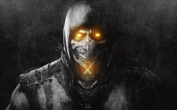 HD wallpaper featuring Scorpion from Mortal Kombat with glowing eyes set against a dark textured background.