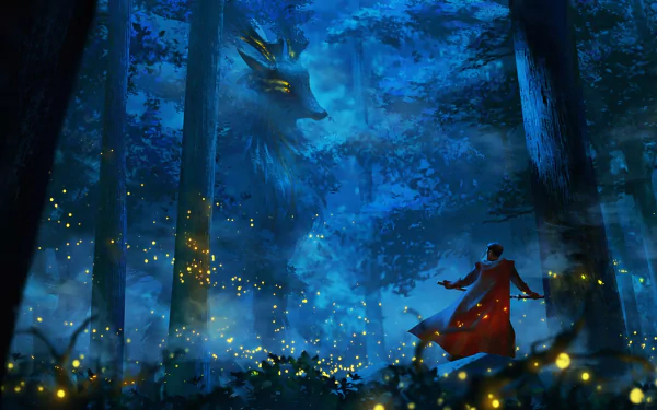A 4K Ultra HD anime-style forest scene from Pixiv Fantasia T featuring a glowing deer spirit towering over a figure in a red cloak amidst fireflies and tall trees.