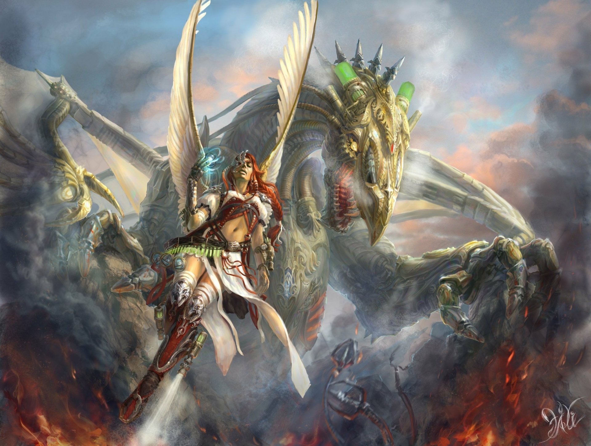 A fantasy creature with red hair and angelic wings stands boldly beside a dragon, set against a dramatic backdrop, creating an inspiring HD desktop wallpaper.