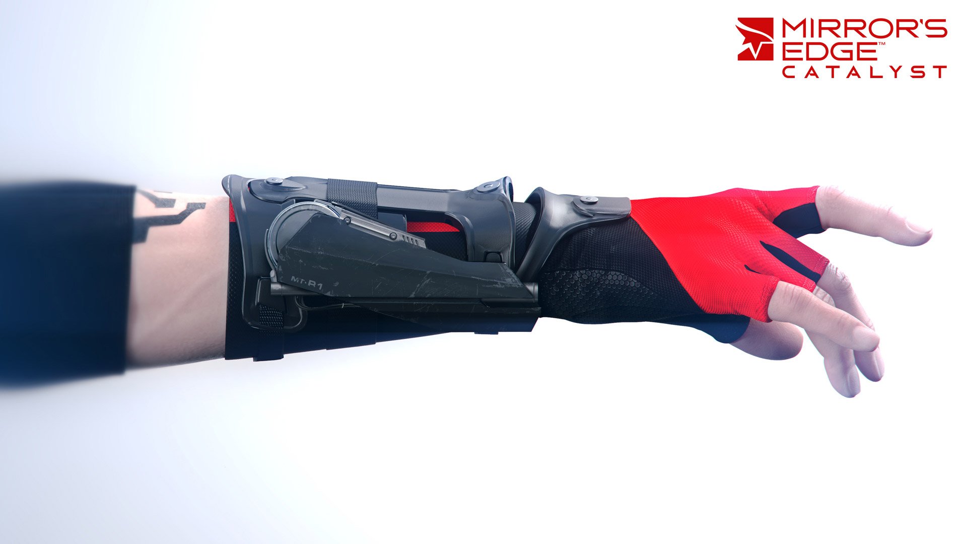 HD PC desktop wallpaper: outstretched arm in a black forearm guard and red fingerless glove from the video game Mirror's Edge Catalyst, white background with the game logo.