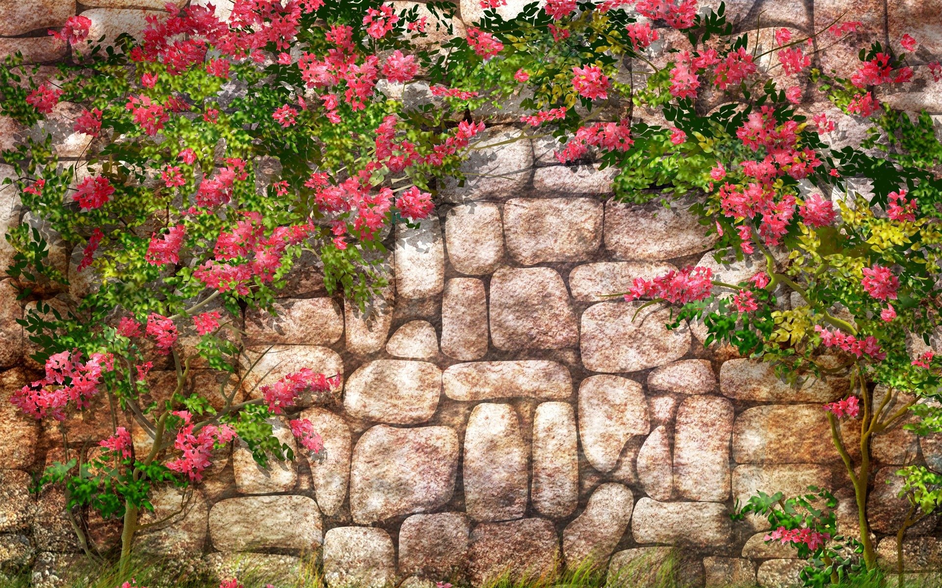 1920x1200 Stone Wall and Flowers Wallpaper Background Image. 