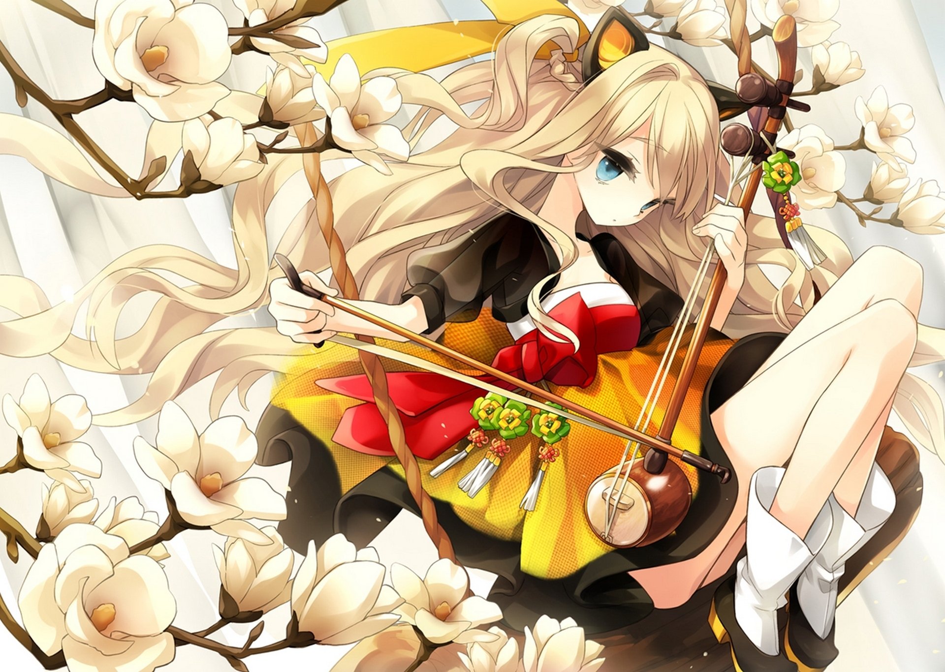 HD anime wallpaper featuring SeeU, a blonde Vocaloid with aqua eyes and animal ears, playing a traditional string instrument amidst blooming white flowers.