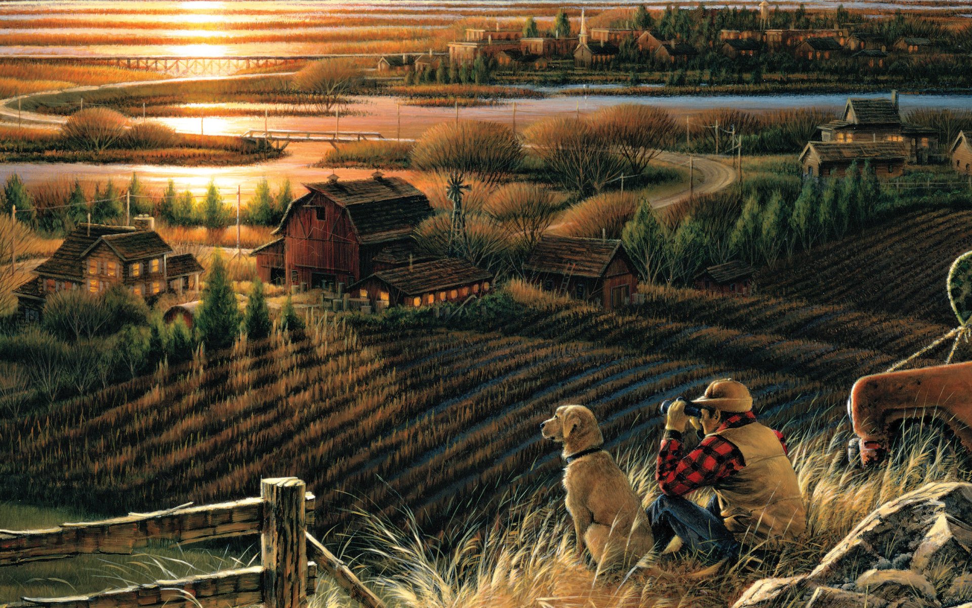 Artistic HD desktop wallpaper of a peaceful village at sunset, featuring a farmer with a dog overlooking cultivated fields and rustic homes in warm, detailed tones.