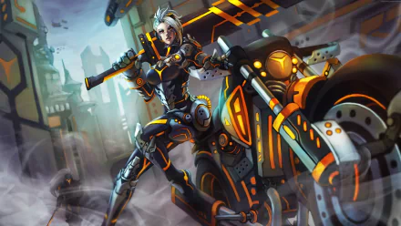 HD desktop wallpaper featuring Riven from League of Legends, standing confidently with her weapon next to a futuristic motorcycle in a misty, urban environment.