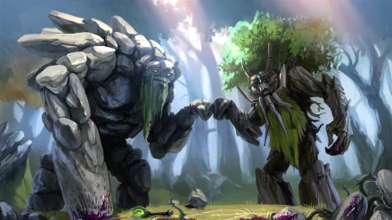4K Ultra HD DotA 2 wallpaper featuring stone and tree-themed heroes in a mystical forest setting, showcasing vivid details and dynamic lighting for PC desktops.