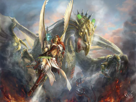 A fantasy creature with red hair and angelic wings stands boldly beside a dragon, set against a dramatic backdrop, creating an inspiring HD desktop wallpaper.