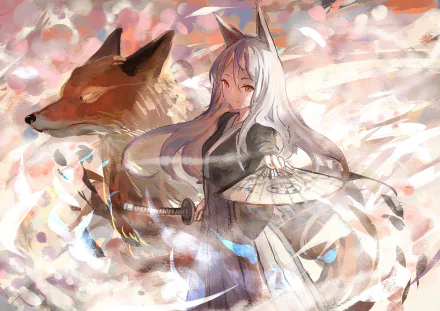 Anime-style HD desktop wallpaper from Pixiv Fantasia featuring a silver-haired girl with fox ears, holding a parasol, alongside a large fox amidst a dreamy, pastel-hued background.