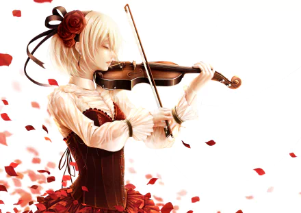 A blonde-haired violinist in a corset plays a violin amidst red flower petals, capturing a vibrant anime aesthetic in this stunning HD wallpaper.