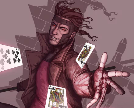 4K Ultra HD PC desktop wallpaper featuring Gambit from X-Men in a dynamic comic-style pose with playing cards swirling around him.