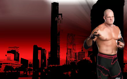 WWE wrestler Kane stands ready to fight in this HD desktop wallpaper with a striking red and black skyline background.