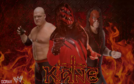HD desktop wallpaper of WWE wrestler Kane with a fiery background and his name prominently displayed.