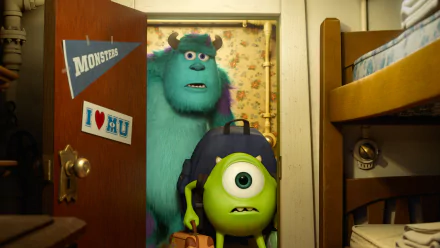 HD PC desktop wallpaper/background: Mike Wazowski and James P. Sullivan from the movie Monsters University stand in a dorm doorway with backpacks.