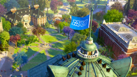 Aerial view of Monsters University campus with MU flag above a domed building, colorful quad and surrounding academic halls — 2K Quad HD PC desktop wallpaper.