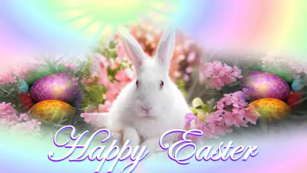 A vibrant Easter scene featuring a white bunny amidst colorful eggs and flowers, with a cheerful Happy Easter greeting, showcasing the festive spirit of the holiday.