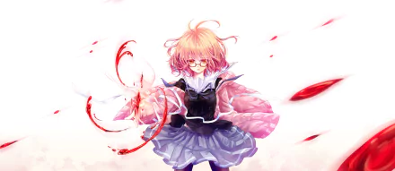 Anime character with orange hair and eyes, wearing a school uniform and glasses, forming a blood weapon. The character, Mirai Kuriyama from Beyond the Boundary, is set against a HD wallpaper background.