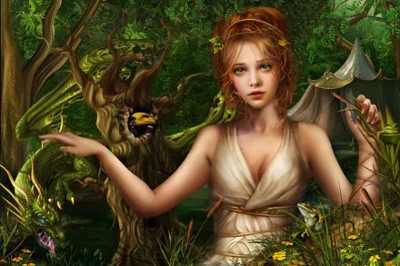 A fantasy scene features a woman with orange hair and green eyes in a lush forest, surrounded by trees, birds, and magical elements, creating a serene and enchanting atmosphere.
