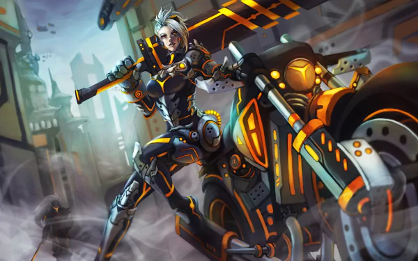 HD desktop wallpaper featuring Riven from League of Legends, standing confidently with her weapon next to a futuristic motorcycle in a misty, urban environment.