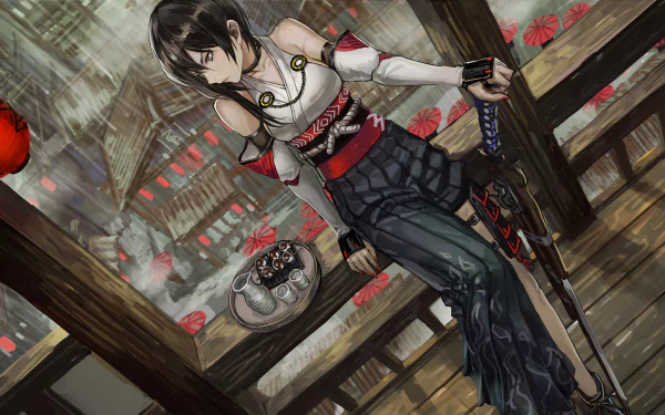 Anime-style artwork from Pixiv Fantasia T, depicting a warrior woman standing in a traditional setting, enhanced with intricate details and vivid colors. HD desktop wallpaper and background.