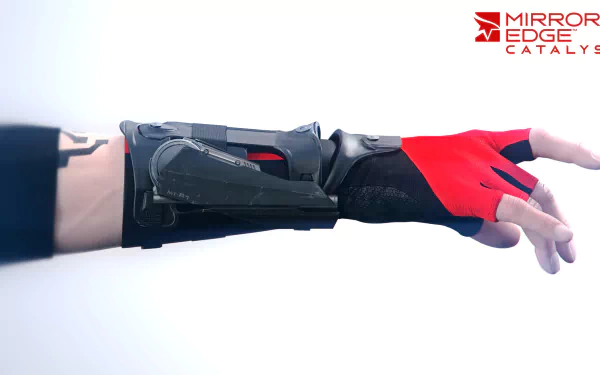 HD PC desktop wallpaper: outstretched arm in a black forearm guard and red fingerless glove from the video game Mirror's Edge Catalyst, white background with the game logo.