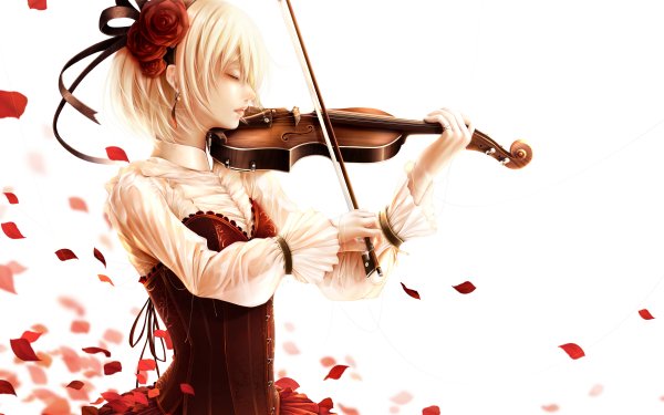 Anime Music Short Hair Blonde Petal Violinist Violin Red Flower HD Wallpaper | Background Image
