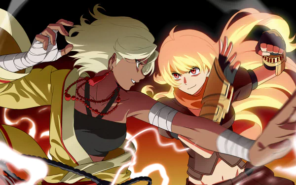 Dynamic HD wallpaper featuring Yang Xiao Long from the anime RWBY, capturing an intense moment of action with vibrant colors and dramatic poses.