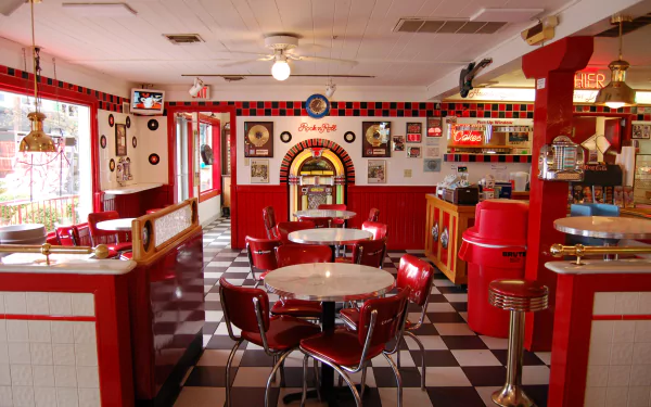 HD desktop wallpaper of a retro-style room featuring a red jukebox, red chairs, tables, and classic diner decor with a checkered floor and vintage accents.