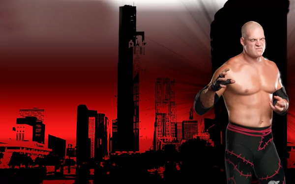 WWE wrestler Kane stands ready to fight in this HD desktop wallpaper with a striking red and black skyline background.