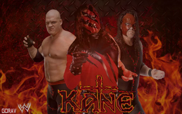 HD desktop wallpaper of WWE wrestler Kane with a fiery background and his name prominently displayed.