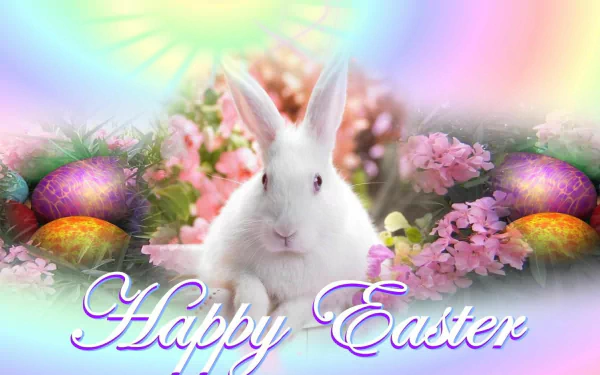 A vibrant Easter scene featuring a white bunny amidst colorful eggs and flowers, with a cheerful Happy Easter greeting, showcasing the festive spirit of the holiday.