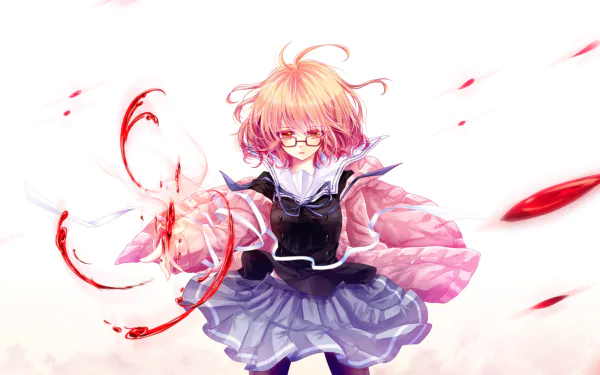 Anime character with orange hair and eyes, wearing a school uniform and glasses, forming a blood weapon. The character, Mirai Kuriyama from Beyond the Boundary, is set against a HD wallpaper background.