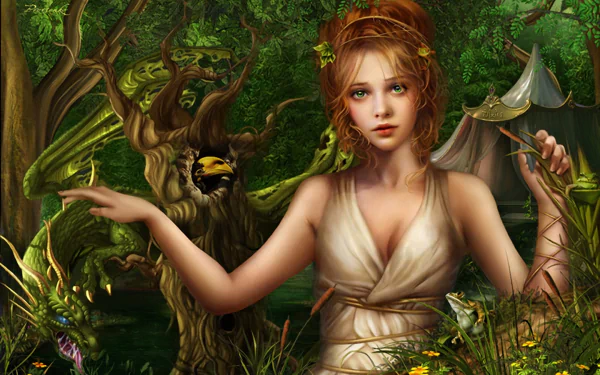 A fantasy scene features a woman with orange hair and green eyes in a lush forest, surrounded by trees, birds, and magical elements, creating a serene and enchanting atmosphere.