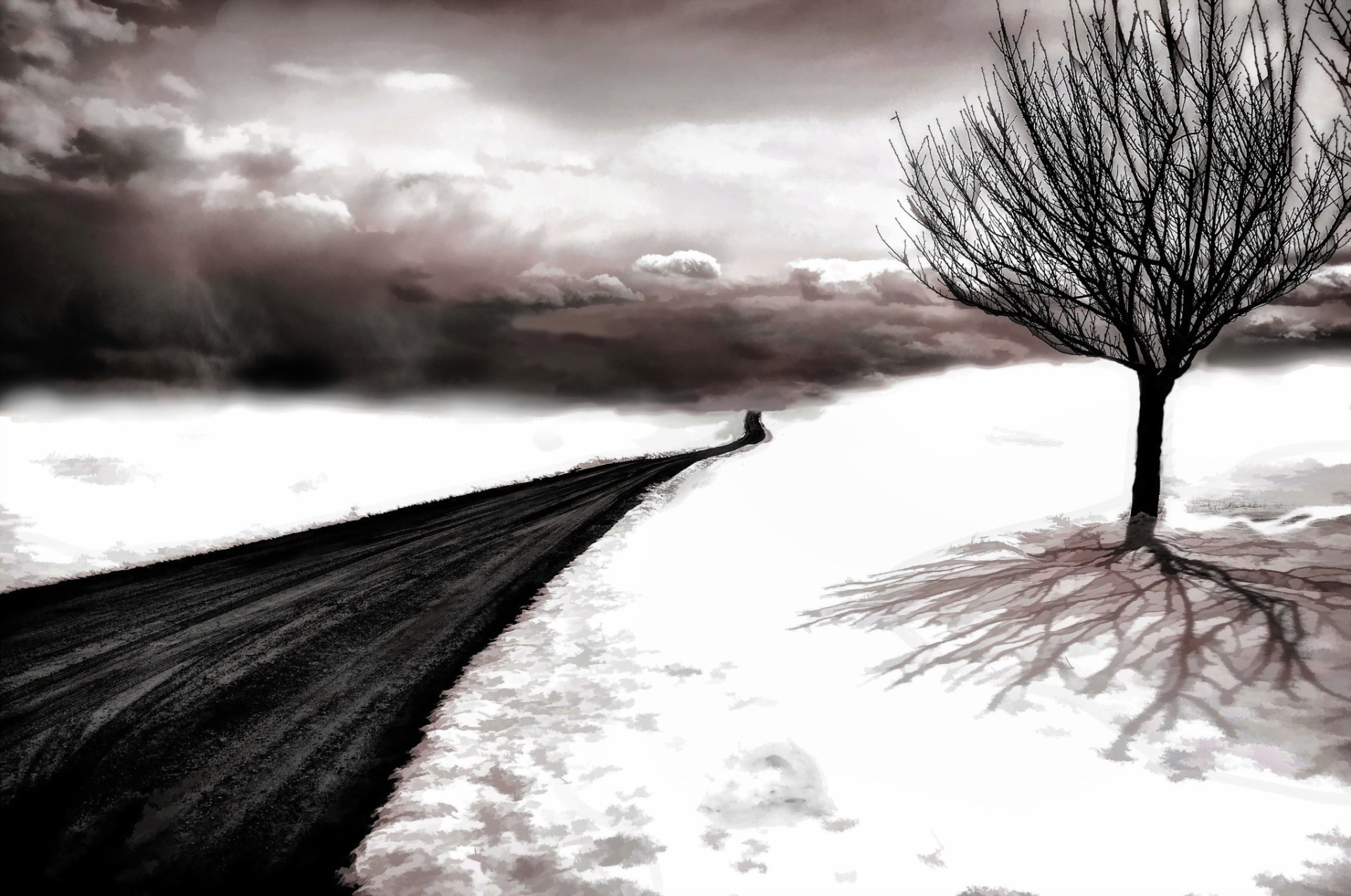 A stark black and white landscape featuring a winding road, a bare tree, and a snowy expanse under a dramatic sky filled with clouds, creating an artistic and atmospheric scene.