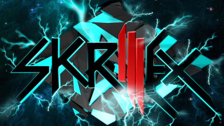 A dynamic HD desktop wallpaper featuring the bold name Skrillex, surrounded by electrifying blue and black designs, capturing the essence of electronic music.