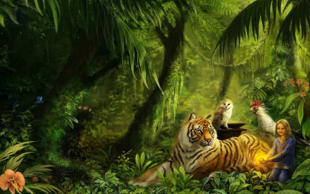 A fantasy HD wallpaper shows a little girl gently caressing a tiger in a lush jungle. Nearby, a bird and an owl perch on the tiger's back, with a lion nestled among the vibrant rainforest foliage.