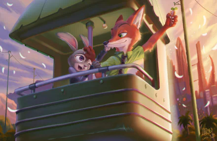 Nick Wilde and Judy Hopps from the movie Zootopia share a joyful moment on a cable car at sunset in this vibrant HD desktop wallpaper.