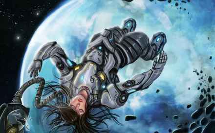 A woman in a futuristic space suit floats in space against a vibrant planet backdrop, capturing the essence of sci-fi adventure in this HD desktop wallpaper.