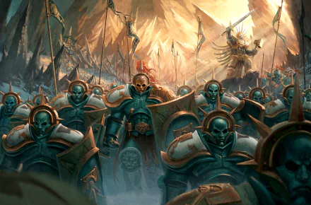 HD PC wallpaper featuring a Stormcast Eternals army in detailed armor and shields, inspired by Warhammer video game aesthetics, advancing through a fiery battlefield.