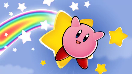 HD PC desktop wallpaper featuring Kirby from the video game Kirby & the Amazing Mirror, flying joyfully among stars with a vibrant rainbow in the background.